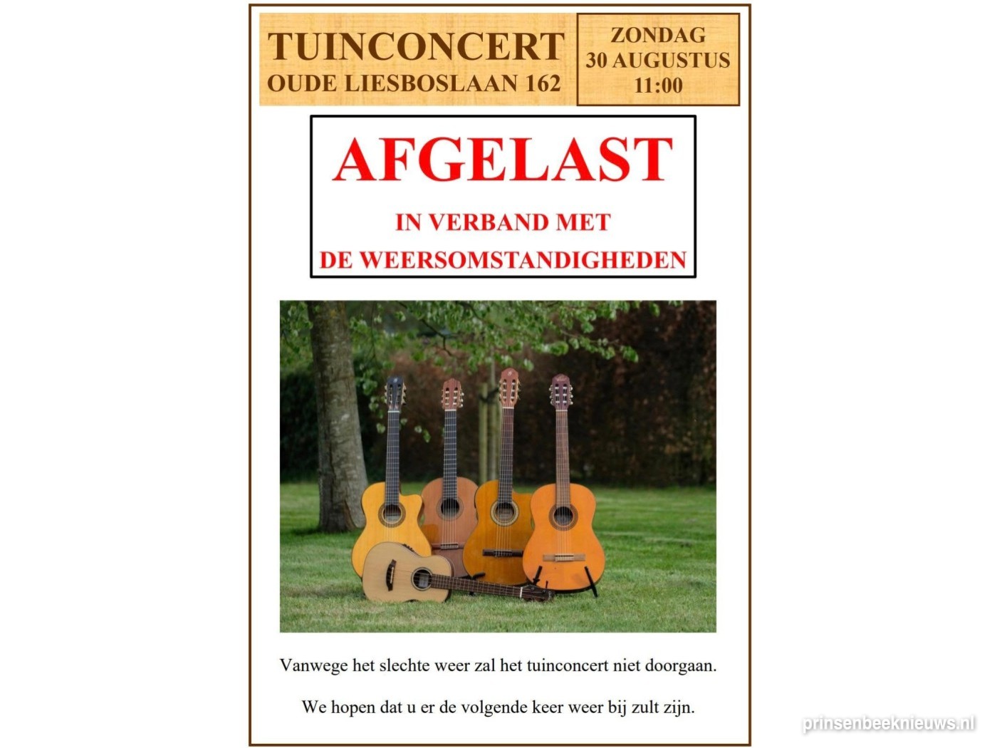 Tuinconcert Gitaargroep Jan Naalden afgelast